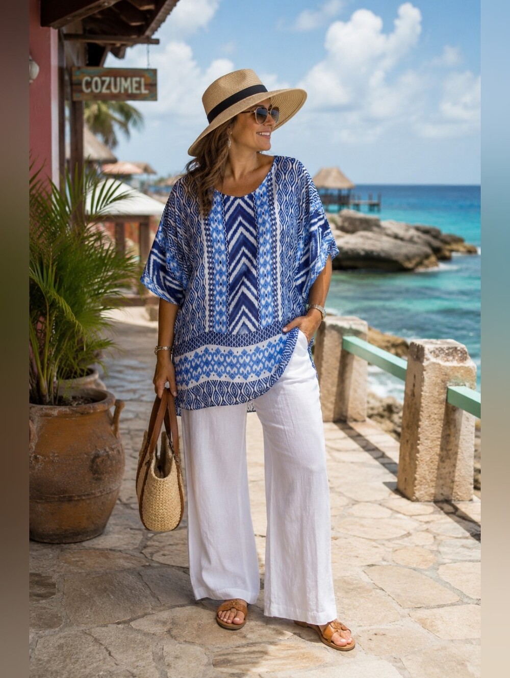 Chico's Sheer Drop Shoulder Printed Tunic Cover-up Resortwear Beach Women's 12